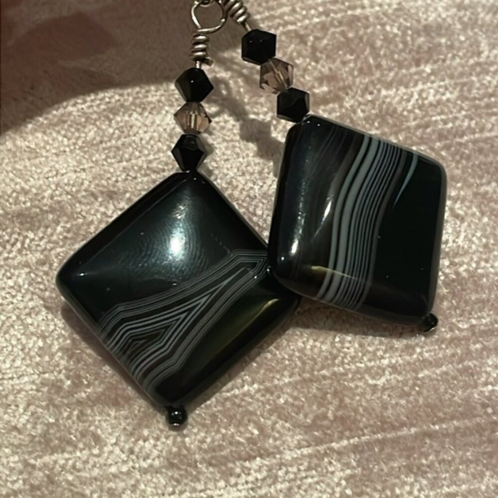 Black Banded Agate 925 Silver Earrings